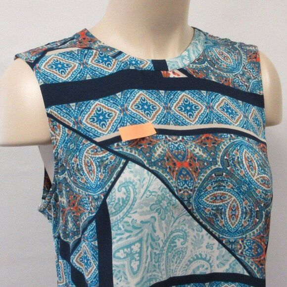 DR2 Daniel Rainn Blue Sleeveless Shift Geometric Patch Dress Size S Pleated Back - Picture 11 of 12